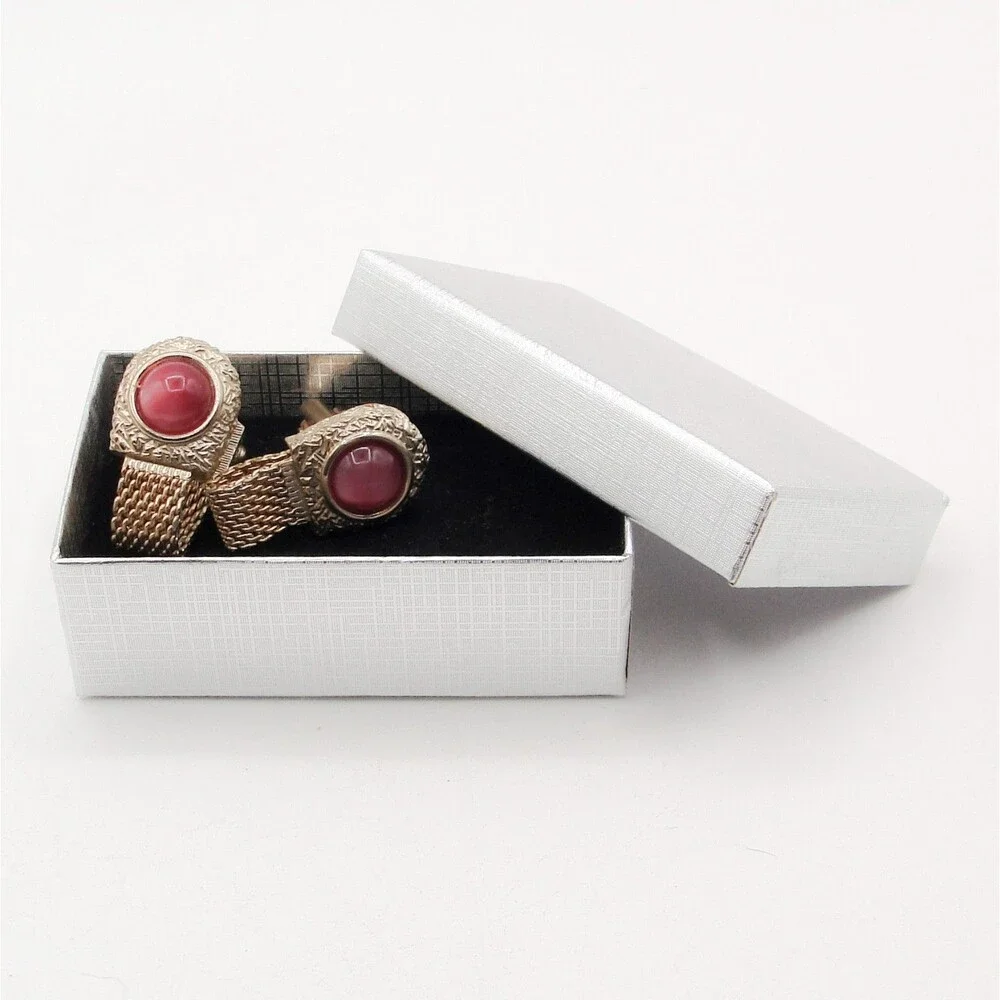 Vintage Swank Rose Red Moonglow Cabochon Gold Tone Mesh Wrap Around Cufflinks
